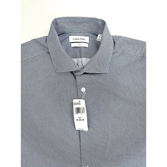 Calvin Klein Slim Fit Size 16 34-35 Large Blue Pattern Spread Collar Shirt NWT - Picture 1 of 11